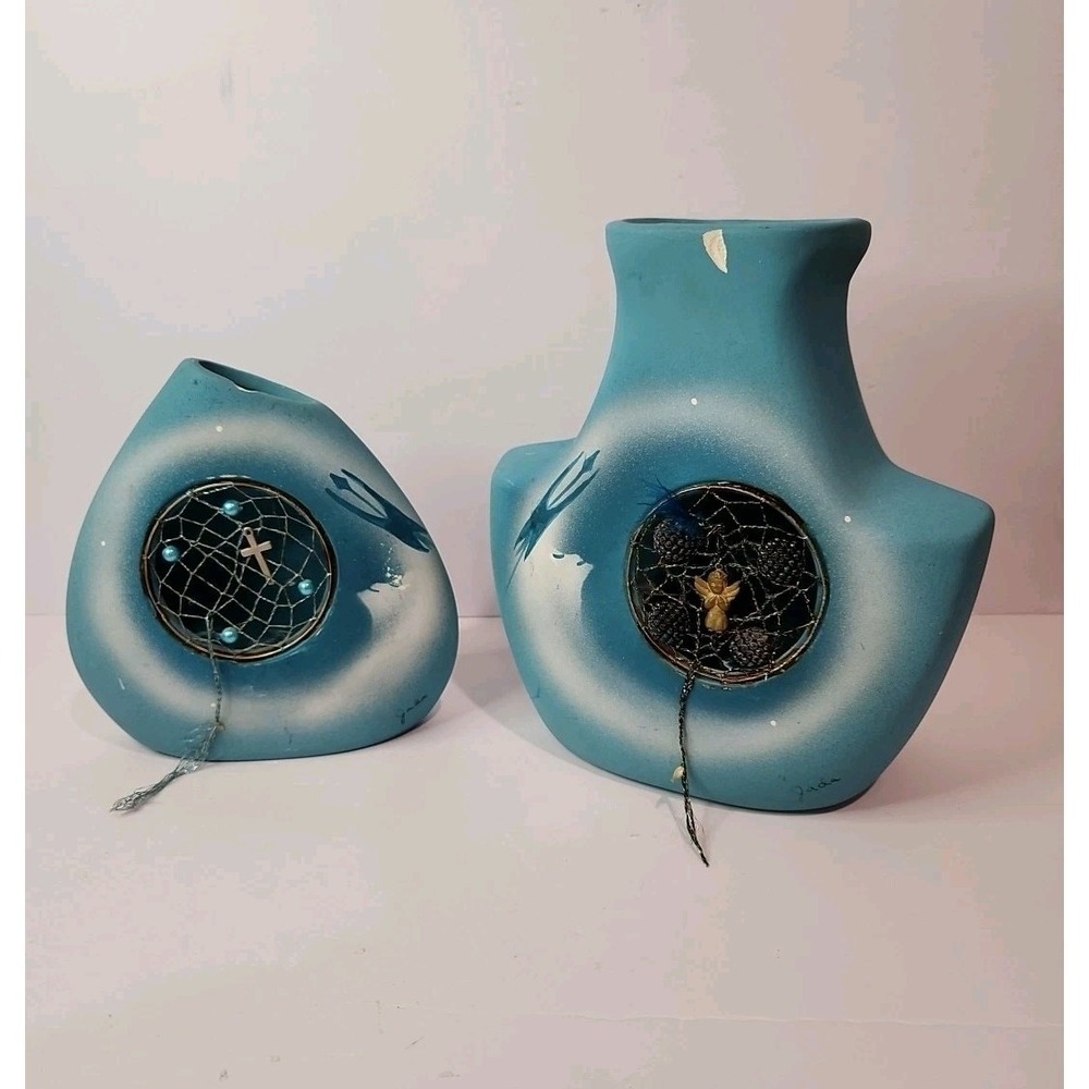 Handmade Native American Ceramic Dream Catcher Vase Set Turquoise Signed "Jada"